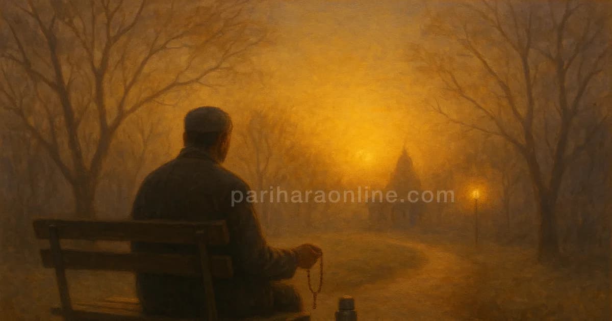 A man with prayer beads on a park bench at dawn, coping with layoff spiritually | pariharaonline.com
