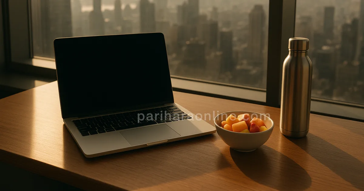 Office desk with a laptop, a bowl of cut fruit and a steel water bottle against a city skyline — ekadashi fasting at work | pariharaonline.com