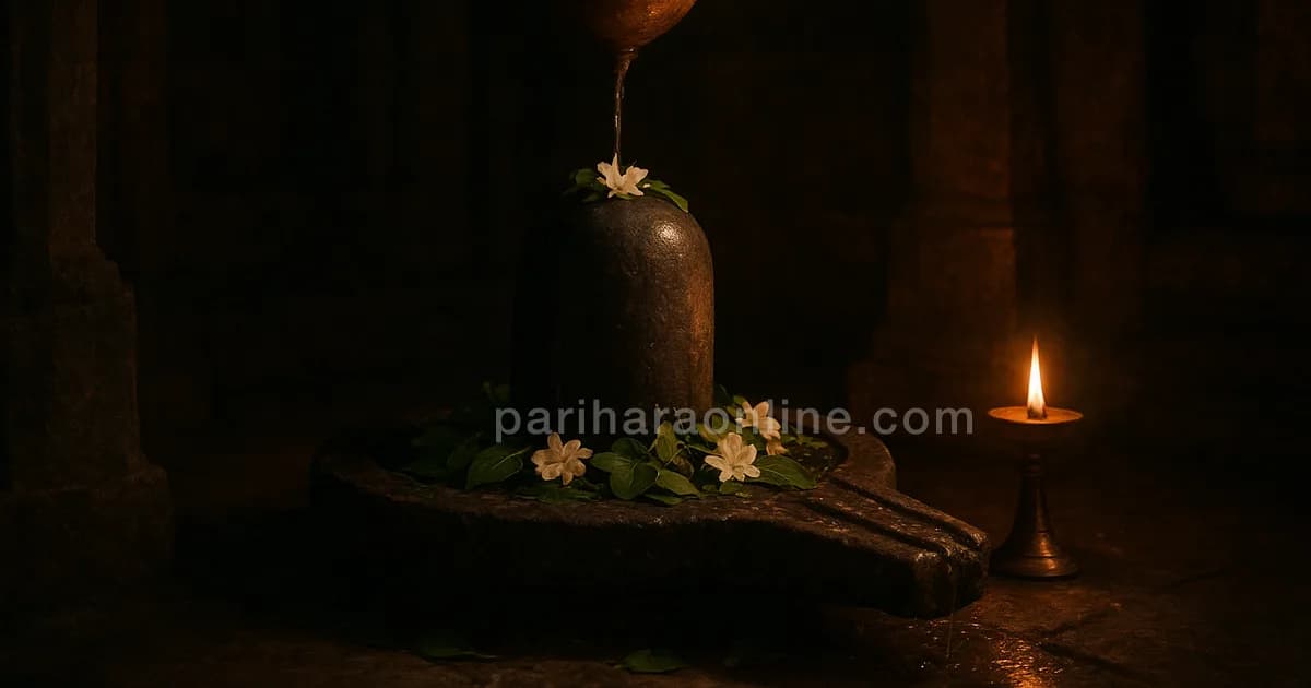 Stone Shiva linga covered with bilva leaves in a dim sanctum lit by one brass lamp — maha shivaratri meaning | pariharaonline.com