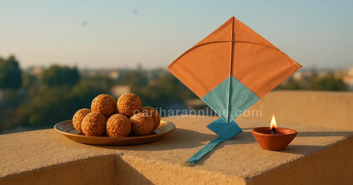Sesame-jaggery sweets and a paper kite on a sunlit terrace wall with kites in the winter sky — makar sankranti meaning | pariharaonline.com