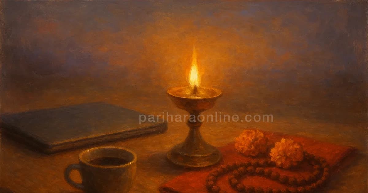 A lamp lit beside a closed laptop before sunrise, a morning prayer for job hindu families keep | pariharaonline.com