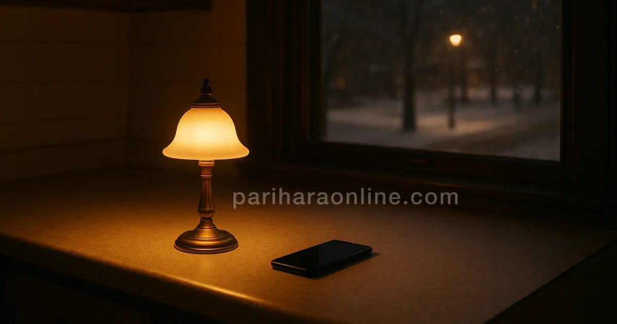 A brass lamp glowing beside a phone on an apartment counter on a snowy night — prayer for sick parent | pariharaonline.com