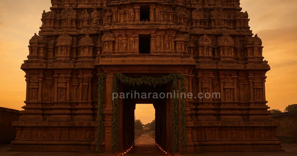 Carved temple gateway at dawn with oil lamps lining the path and tulsi garlands on the stone frame — vaikunta ekadashi significance | pariharaonline.com